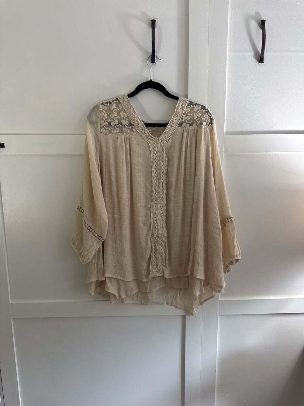 Style & Co Woman 2X Beige Boho Lace Crochet Inset V-Neck Blouse